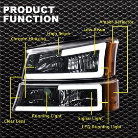 CROSSDESIGN LED DRL Headlights Compatible with Chevy Avalanche 1500 2500 3500 2003-2006/Fit Chevy Silverado 1500 2500 3500 & HD Classic 03-07 bumper Headlamp Clear lens Chrome Housing Amber Reflector