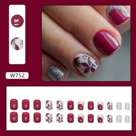 Short Press on Nails Square Fake Nails Rose Red Full Acrylic Nails Press ons White French Tip Stick on Nails Silver Glitter Flower Glue on Nails Glossy Artificial False Nail for Girls 24Pcs