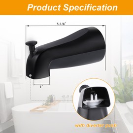 Universal Bathroom Tub Spout Compatible with Westbrass E531D-1F-62, 5 1/4 inch Bath Tub Faucet Replacement with Shower Diverter 1/2 inch IPS Inside Thread Bathtub Tap Spout（Matte Black）