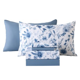 Botanical 6-Piece Queen Bed Sheets Set, Boho Floral Print Brushed Microfiber Sheets, Cooling Bed Sheet Set, Ultra Soft & Breathable, 16' Deep Pocket Fitted Sheet & Pillowcase Set, Grey Blue Floral