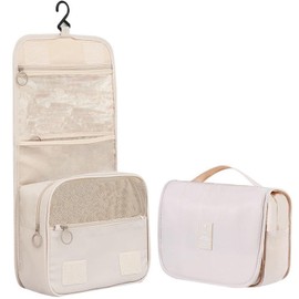Travel Hanging Toiletry Bag Wash Bag, YYGOJOY Foldable Wash Bag Makeup Cosmetic Bags, Portable Waterproof Organizer Bags for Men Women Girls (Beige)