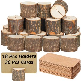 Toncoo 18Pcs Premium Wood Place Card Holders and 30Pcs Kraft Table Place Cards, Rustic Table Number Holders , Wood Photo Holders, Ideal for Wedding Party Table Name and More
