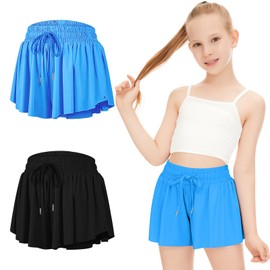 2 Packs Girls Flowy Shorts Butterfly Shorts for Kids with Pocket 2-in-1 Athletic Shorts Running Shorts for Girls Youth (Black + Blue, X-Small)