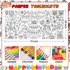 Giant Coloring Poster,35x72Inch Happy Birthday Activity Drawing Paper Coloring Table Cover,DIY Birthday Coloring Tablecloth Art Crafts Coloring Mat for Kids,Home Classroom Party Decorations Suppiles
