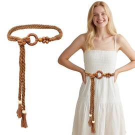 XVYLFZNP Women Tassel Braided Waist Belt Boho Thin Belts Skinny Woven Belt With Wooden Beads For Dresses Skirts Tunics