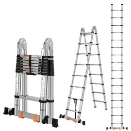 DEZEX Telescoping Ladders 16.5FT A Frame Stainless Steel Extension Ladder,Heavy Duty Lasts for 375LBS,with Balance Bar and Movable Wheel,Multi-Purpose Collapsible Ladder for Outdoor Indoor