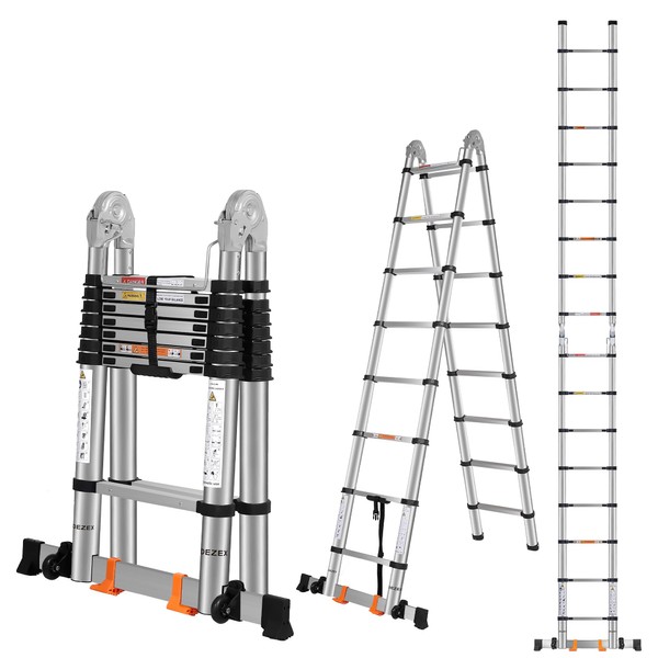DEZEX Telescoping Ladders 16.5FT A Frame Stainless Steel Extension Ladder,Heavy