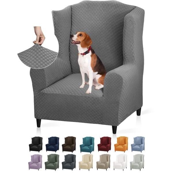 YEMYHOM 1 Piece Stretch Wingback Chair Slipcover Latest Jacquard Design Wing Chair Cover Non Slip Furniture Protector with Foam Rods for Living Room (Wing Chair, Light Gray)