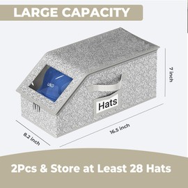 2 Pack Hat Organizer Box for Women & Men, Foldable Clear Hat Storage with Dustproof Lid, Hat Holder for Closet, Hat Storage for Baseball Caps , Cowboy Hats, Each Holds 14 Hats，Store up to 28 Hats