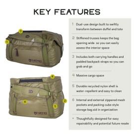 NEMO Equipment Double Haul Convertible Duffel & Tote Bag – Water-Resistant Gear Bag with Backpack Straps - 30L - Nova