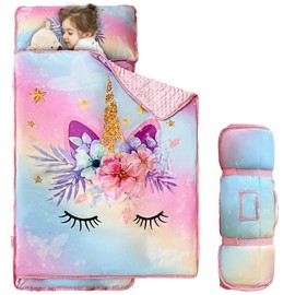 Unicorn Toddler Nap Mats for Preschool Daycare Girls Rainbow Cartoon Kids Sleeping Mats Toddler Slumber Bag Nap Pad with Removable Pillow for Girls Boys Kindergarten Sleepovers Travel and Camping