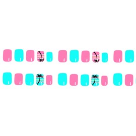 MERVF Square Press on Nails Short & Press on Toenails for Women Matching Set Pink Blue Acrylic Nail with Coconut Tree Design Glue ons Glossy 48pcs Summer Beach