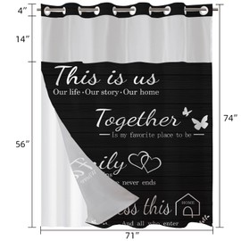 juwute No Hook Black Family Shower Curtain with Snap-in Polyester Liner Set, Family Shower Curtain for Bathroom, See Through Top Bath Curtain,Waterproof & Machine Washable, 72 x 75 Inch