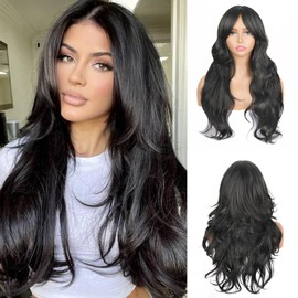 Aisaide Long Wavy Layered Wig with Curtain Bangs for Women Synthetic Long Wavy Body Wave Wig Natural Black Layered Wigs Curly Long Wavy Wig with Bangs for Daily Use 24inch 1B