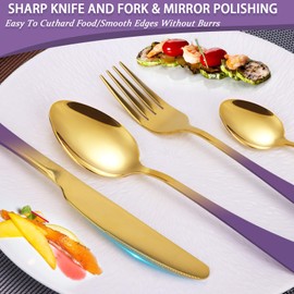 24 Pieces Flatware Set, Stainless Steel Cutlery Set with Silverware Holder, Modern Gold Silverware Set Includes Dinner Knives Forks Spoons,Hanging Silverware Set Service for 6 (Purple)