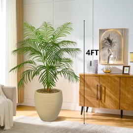 Artificial Fake Palm Tree with 13 Trunks and Real Bark Design, Premium Polyester,Tropical Paradise Palm Tree in Pot (White，4 FT)
