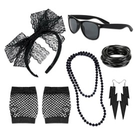 JIEYUMAO 80s Accessories, 6Pcs 80s Costume Accessories for Women, Fancy Dress Accessories with Lace Headband Earrings Fishnet Gloves Necklace Bracelet Black Glasses for Theme Party