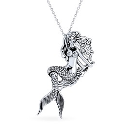 Nautical Large Dangling Sea Siren Mermaid Necklace Pendant For Women Oxidized .925 Sterling Silver