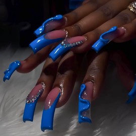 RUOKEXIN Curved Nail Tips, Long Press On Nails French Tip Fake Nails Blue False Nails with Rhinestones Designs Sparkly Artificial Nails, 20 Pcs