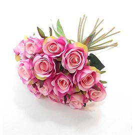 FS 25cm Artificial Pink Mini Rose Rosebud Bundle Posy with 15 Flower Heads/Stems - Home Wedding