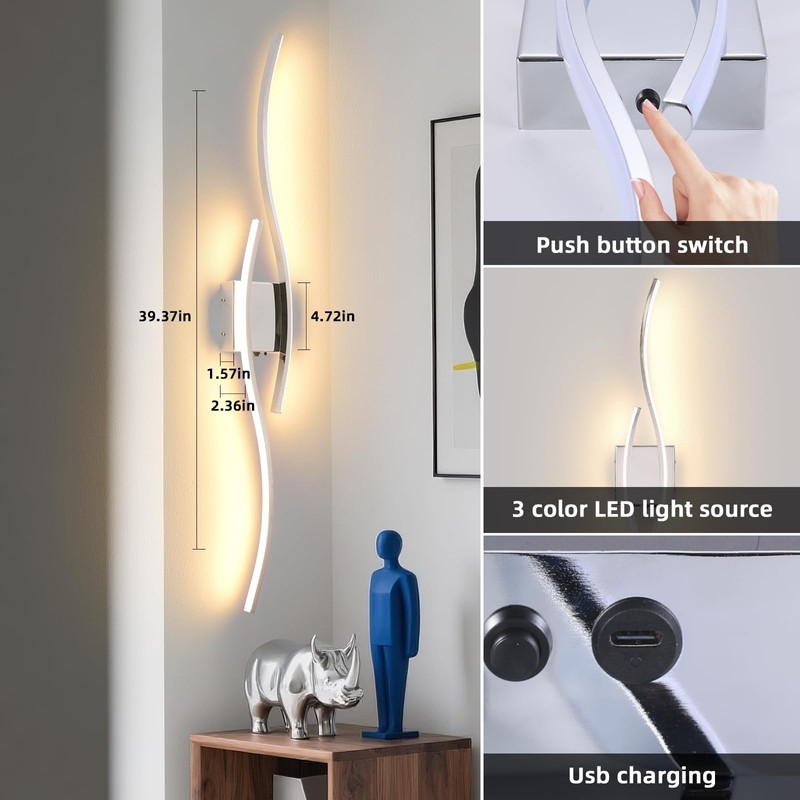 Battery Powered Wall Sconces Set of 2, Chrome 39" LED