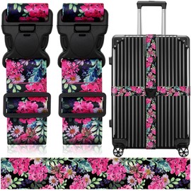 Luggage Straps for Suitcases, Travel Adjustable Belt with Quick Release Buckle, Heavy Duty Nylon Bag Packing Strap, Unique Bright Identifiers Business Travel Accessories (2 Pack)-Pink Flowers