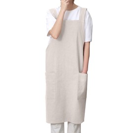 Pincy Cotton Linen Apron for Women - No-ties Cross Back Apron with Pocktes, Great for Florist, Coffee House and Kitchen(Flaxen)