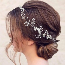 Foryysa Flower Bride Wedding Hair Vine Silver Rhinestone Pearl Bridal Headpiece Elegant Crystal Heaband Sparkly Accessory for Women and Girls