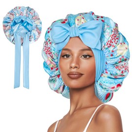 SeSe Code Satin Bonnet for Sleeping Silk  Bonnet Double Layer Hair Bonnet with Elastic Tie Band for Curly Hair Night Bonnet - Color: Purple Flower