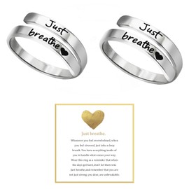 Just Breathe Ring, Adjustable Inspirational Heart Rings Stainless Steel Spiral Wrap Twist Healing Rings To Sorority Sisters Open Motivational Encouragement Love Yourself Jewelry for Women, Metal, No