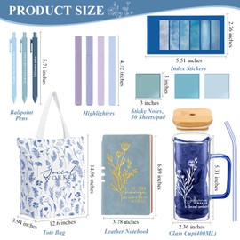Reallnaive 15 Pcs Social Worker Appreciation Gifts Include 16 oz Glass Cup Canvas Bag Leather Notebook Ballpoint Pens Aesthetic Sticky Notes Thank You Gifts for Women Cna Week Social Worker(Blue)