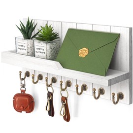 Rebee Vision Decorative Key and Mail Holder for Wall - Farmhouse 15 Inches Floating Shelf with 7 Sturdy Key Hooks for Home Entryway Wall Decor - Rustic Key Racks (White)
