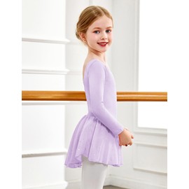 Arshiner Ballet Clothing Children Backless Ballet Dress Girls Long-Sleeved Ballet Suit Cotton Dance Dress Leotard with Chiffon wrap Skirt Purple 140