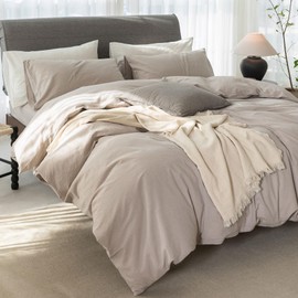 ELIMMO Cooling California King Duvet Cover Set 3 Pieces-100% Washed Cotton Linen Like Textured Soft Comfy Bedding-Zipper Closure,Includes 1 Duvet Cover & 2 Pillow Shams(Beige Grey,Cal King 104"x98")