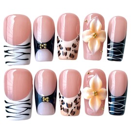Handmade Press On Nails 3D Floral & Animal Print Medium/Short Square Leopard/Zebra/Yellow Floral Thick Reusable Acrylic False Nails (Prairie, S)