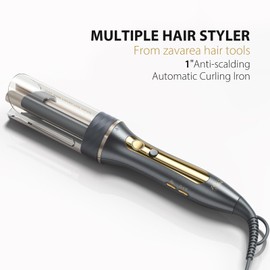 Zavarea Automatic Curling Iron, 1 Inch Hair Curler with 5 Temperatures, 3-Ways Rotation & 3-Styling Modes, Anti-Scald & Tangle-Free Self Rotating Curling Wand, Makes Hair Smoother & Shiner (Gray)
