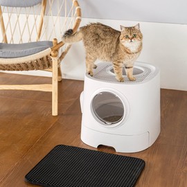 Extra Large Cat Litter Box with Scoop, Cat Litter Trapper Mat, Front Entry and Top Exit, White