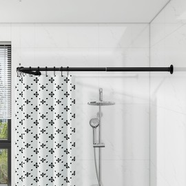 L Shaped Corner Shower Curtain Rod, Curved Shower Curtain Pole, 24.3"-48" x 24.3"-48" Telescopic Rod for Bathroom Bathtub, 304 Stainless with 12 Ring Hooks & Ceiling Support (Black)