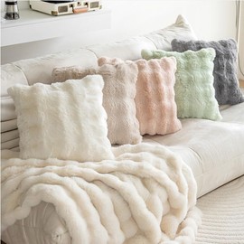 ZONADA Set of 4 Soft Rabbit Fur Throw Pillow Covers 45x45cm – French Style Knit Design, Fluffy Faux Fur Cushion Cases for Sofa, Couch, Bed, Home Decor (Pink)