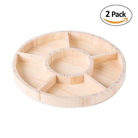 Wooden Tray with 6 Sections – 2 Pack Round Tray Chip and Dip Platter – Divided Serving Tray for Appetizers & Snacks – Veggie Platter - Food Trays for Party Buffet Montessori Wooden Trays - 10”x1”