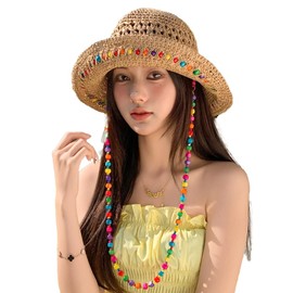 Floppy Straw Sun Hat for Women Foldable Crochet Straw Cap Hollow Outdoor Summer Beach Hat with Multicolored Wooden Bead