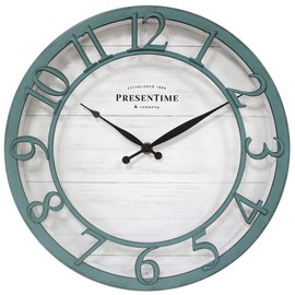 Presentime & Co 13" Farmhouse Series Wall Clock, Shiplap Style, Silent No Ticking, Coastal Clock, Raised 3D Arabic Numeral, Aged Teal Finish
