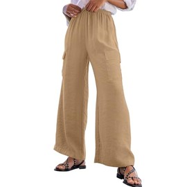 EVALESS Casual Cargo Pants for Women High Waisted Wide Leg Baggy Palazzo Trousers Travel Outfits Parchment L