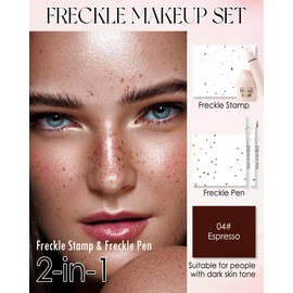 Freckle Pen Espresso and Stamp Kit- Natural Faux Henna Freckles Face Tattoo Waterproof Long Lasting, 5Points Fake Freckle Stamp Liquid Pencil Foundation Face Makeup for women and girls- 04+04#