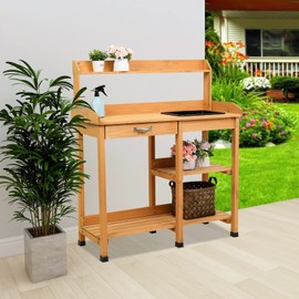 HOMVENT Outdoor Potting Bench Wooden Garden Potting Table w/Drawer, Storage Shelves,Hooks，Sink,Garden Table for Patio, Backyard and Porch (Natural A)