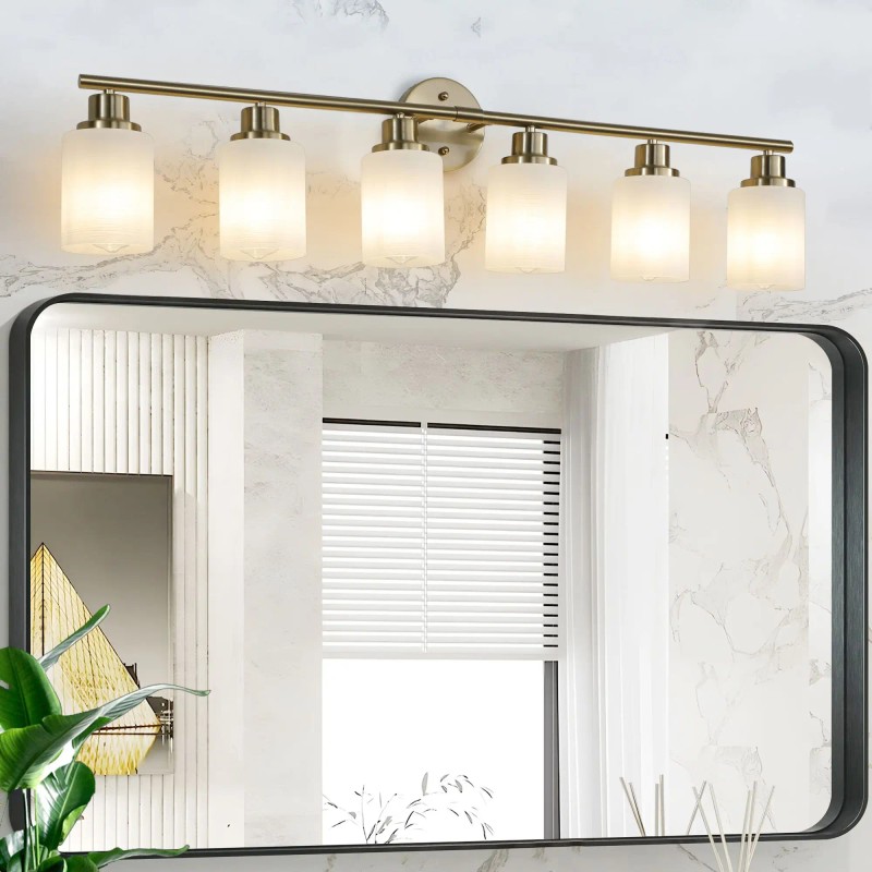 Modern 6-Light Golden Bathroom Vanity Light Frosted Glass Wall Mount
