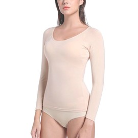 satithry Women's Long Sleeve Underarm Absorb Perspiration Shirts Scoop Neck (US, Alpha, Medium, Regular, Regular, Beige)