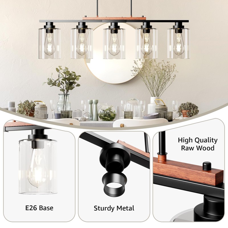5-Light Kitchen Island Light, 33.4" Island Lighting with Black Metal