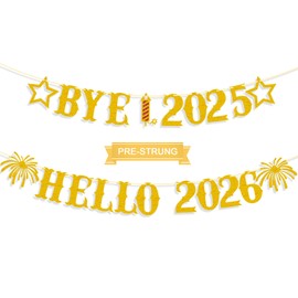 Giflloon Bye 2025 Hello 2026 Banner, No DIY Glitter Happy New Year Banner for Happy New Year Decorations 2026 Eve Party Supplies, Gold