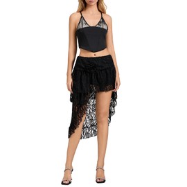 Caziffer Women's Summer Lace Skirt High Waist Asymmetric Ruffled Hem Skirt Elegant A-Line Midi Skirts (Black, ONE Size)